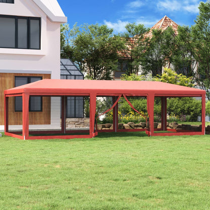 Tenda per Feste con 8 Pareti Laterali in Rete Rossa 9x4 m HDPE