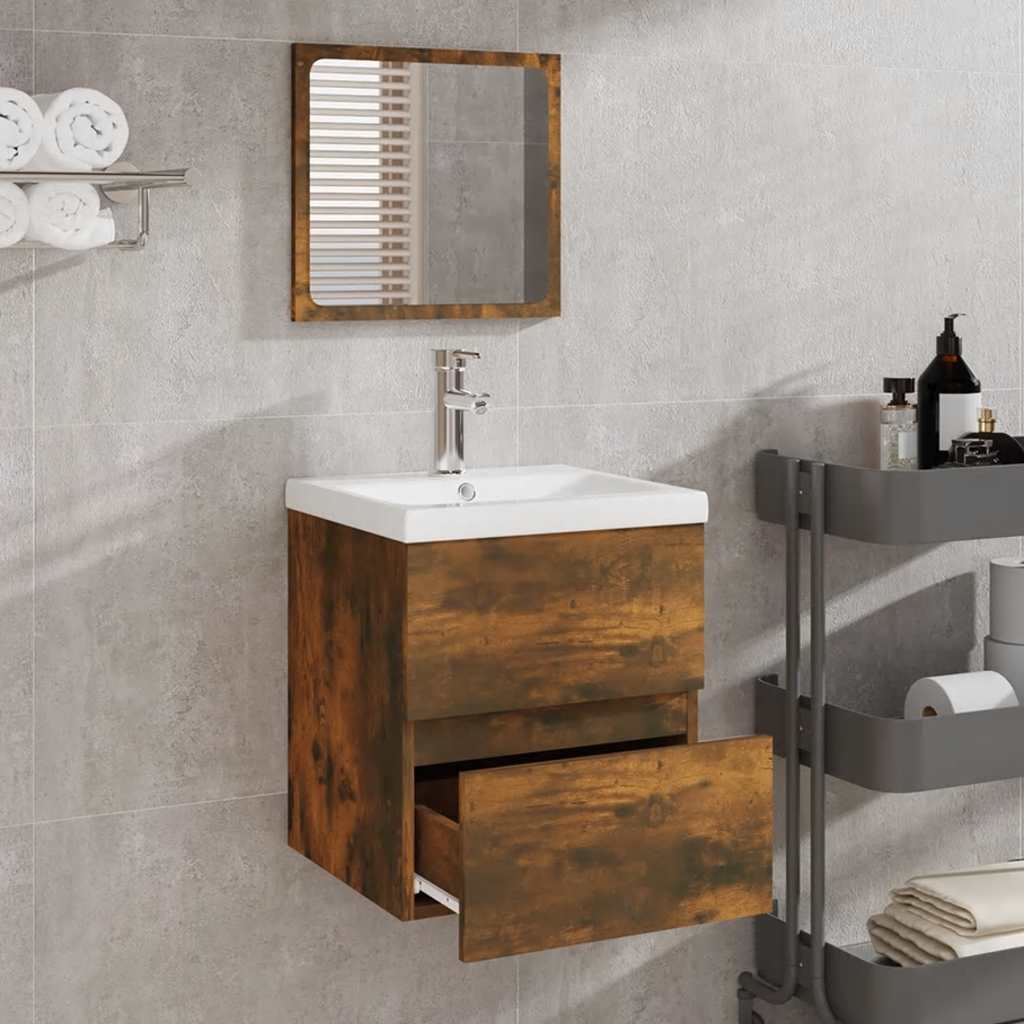 Mobile da Bagno con Specchio Rovere Fumo in Legno Multistrato