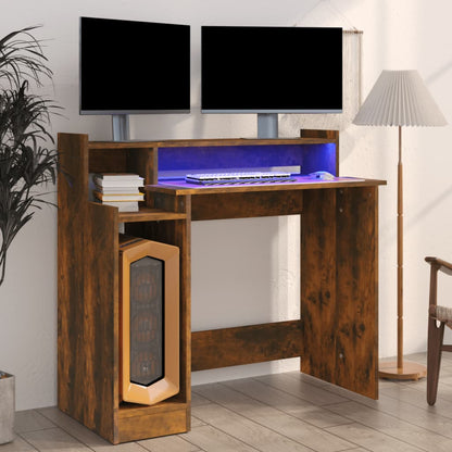 Scrivania con Luci LED Rovere Fumo 97x45x90 cm in Multistrato