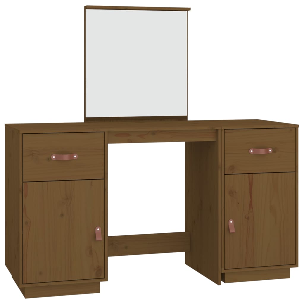 Set Toeletta con Specchio Marrone ambra Legno Massello di Pino