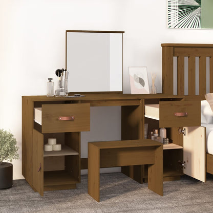 Set Toeletta con Specchio Marrone ambra Legno Massello di Pino