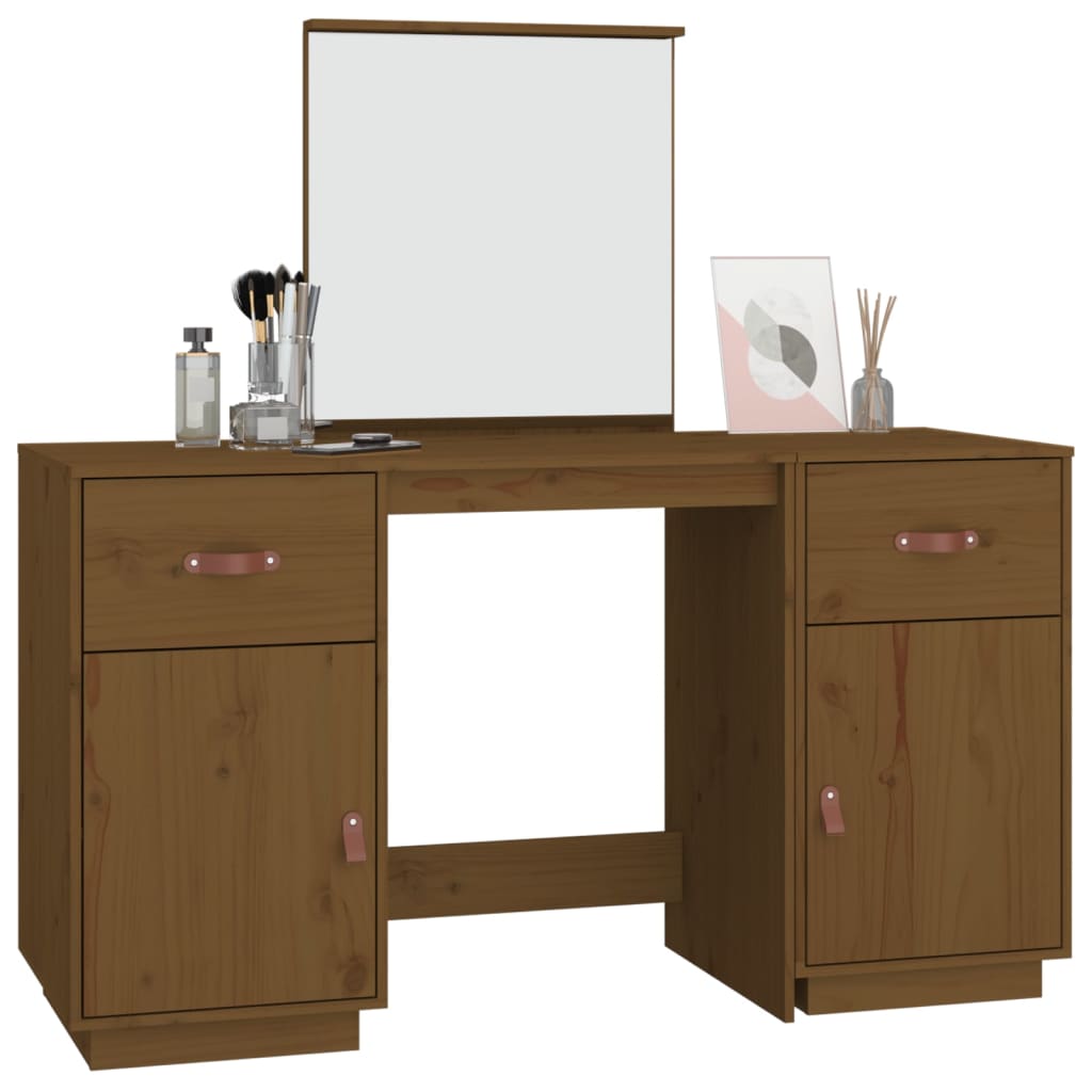Set Toeletta con Specchio Marrone ambra Legno Massello di Pino