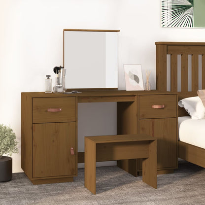 Set Toeletta con Specchio Marrone ambra Legno Massello di Pino