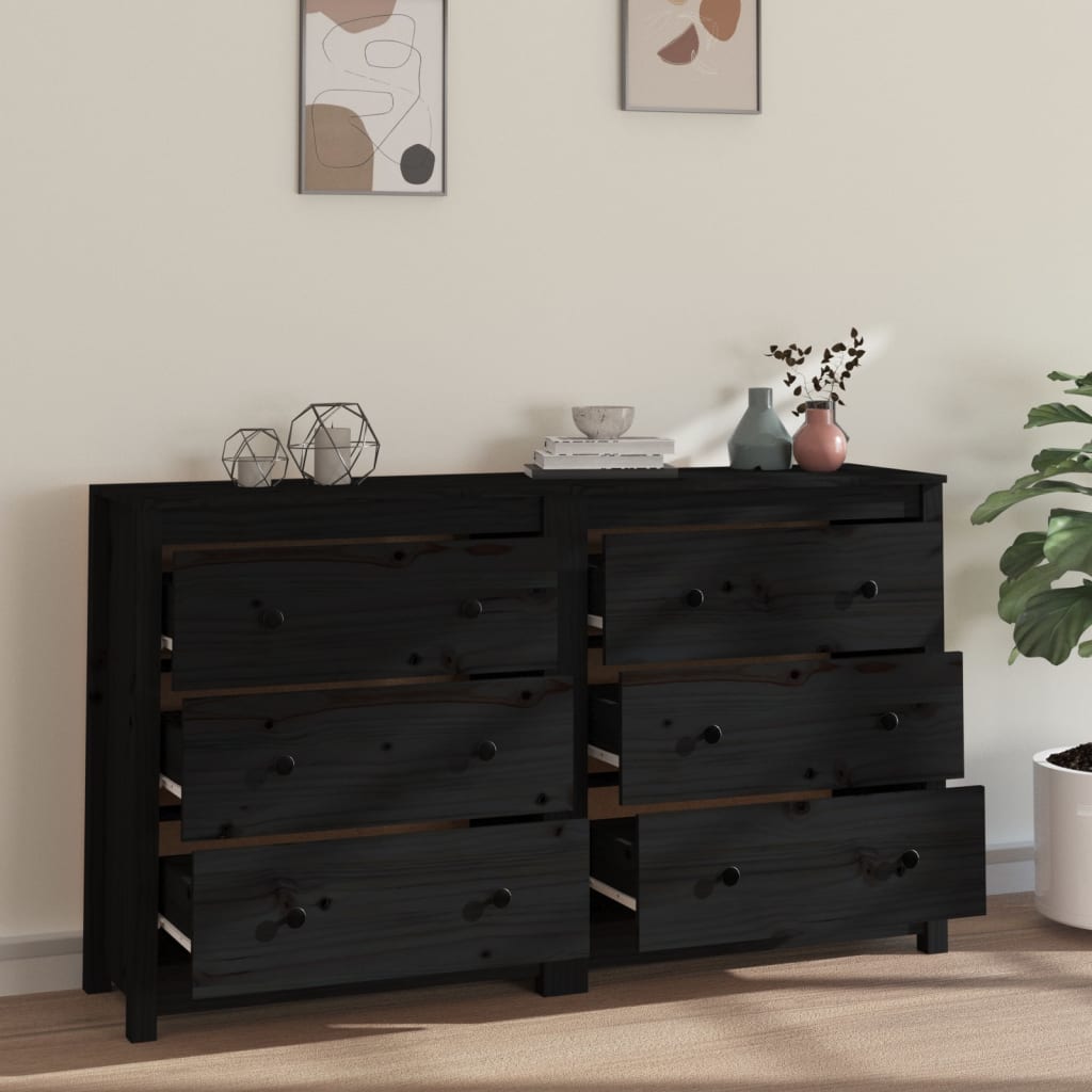 Credenza Nera 140x35x80 cm in Legno Massello di Pino