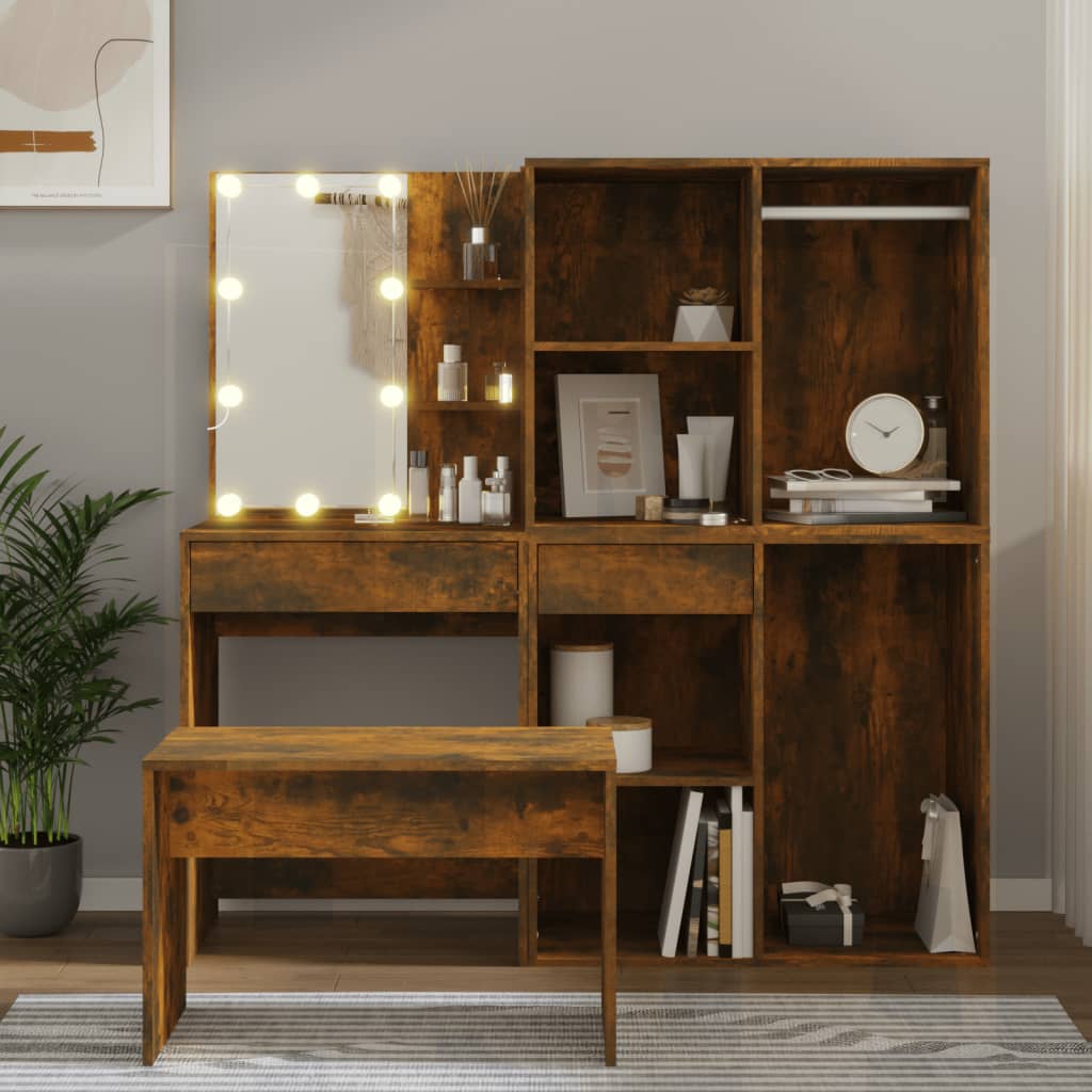 Set Tavolo da Toeletta con LED Rovere Fumo in Legno Multistrato