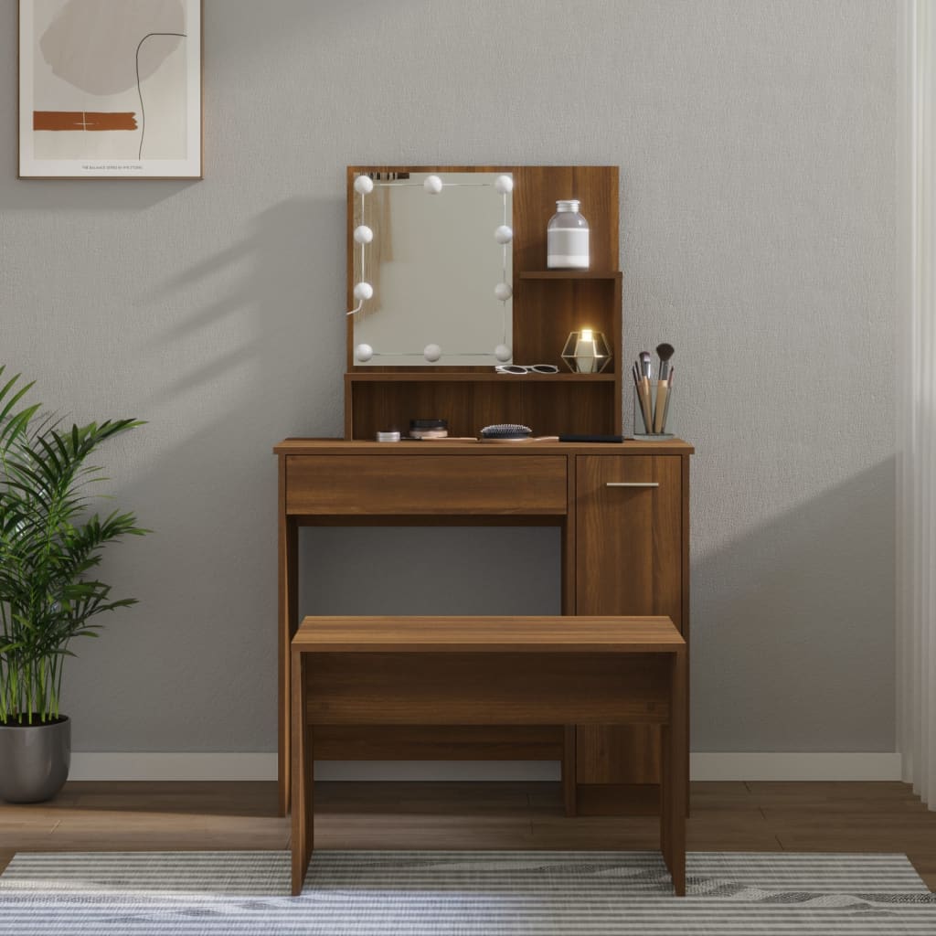 Set Tavolo da Toeletta con LED Rovere Marrone Legno Multistrato