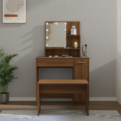Set Tavolo da Toeletta con LED Rovere Marrone Legno Multistrato