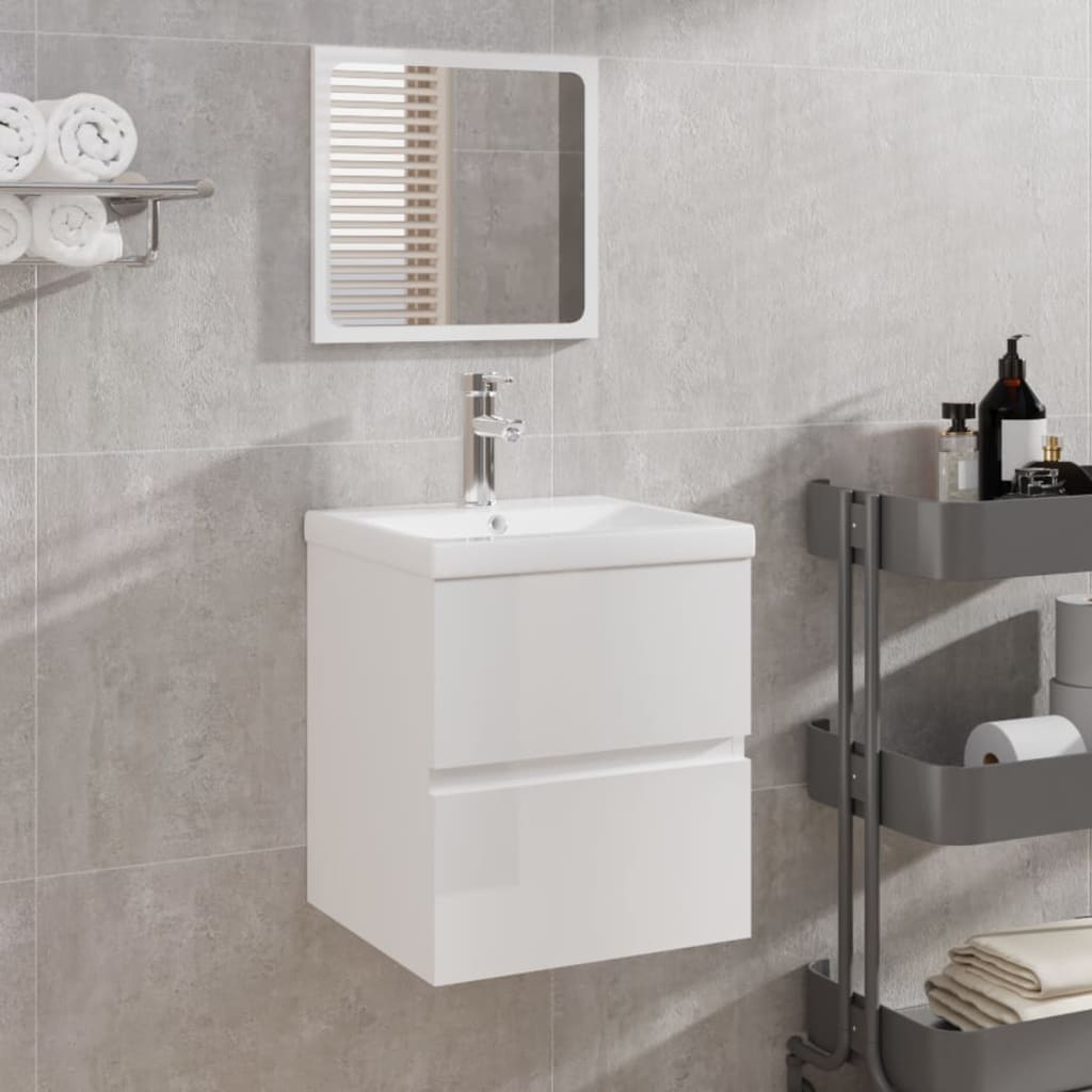 Mobile da Bagno con Lavabo e Specchio Bianco Lucido