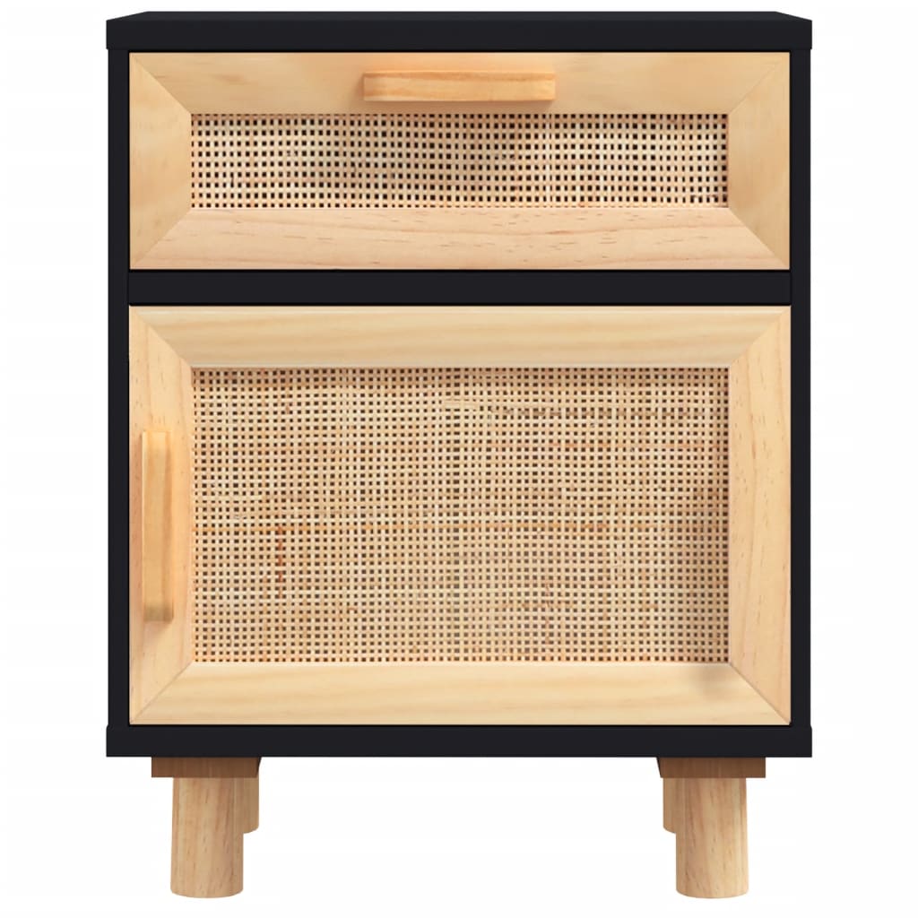 Comodino Nero in Legno Massello di Pino e Rattan Naturale