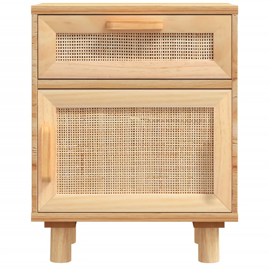 Comodino Marrone in Legno Massello di Pino e Rattan Naturale