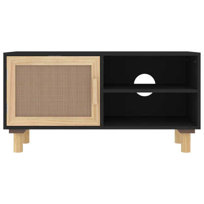Mobile TV Nero 80x30x40 cm Massello Pino e Rattan Naturale