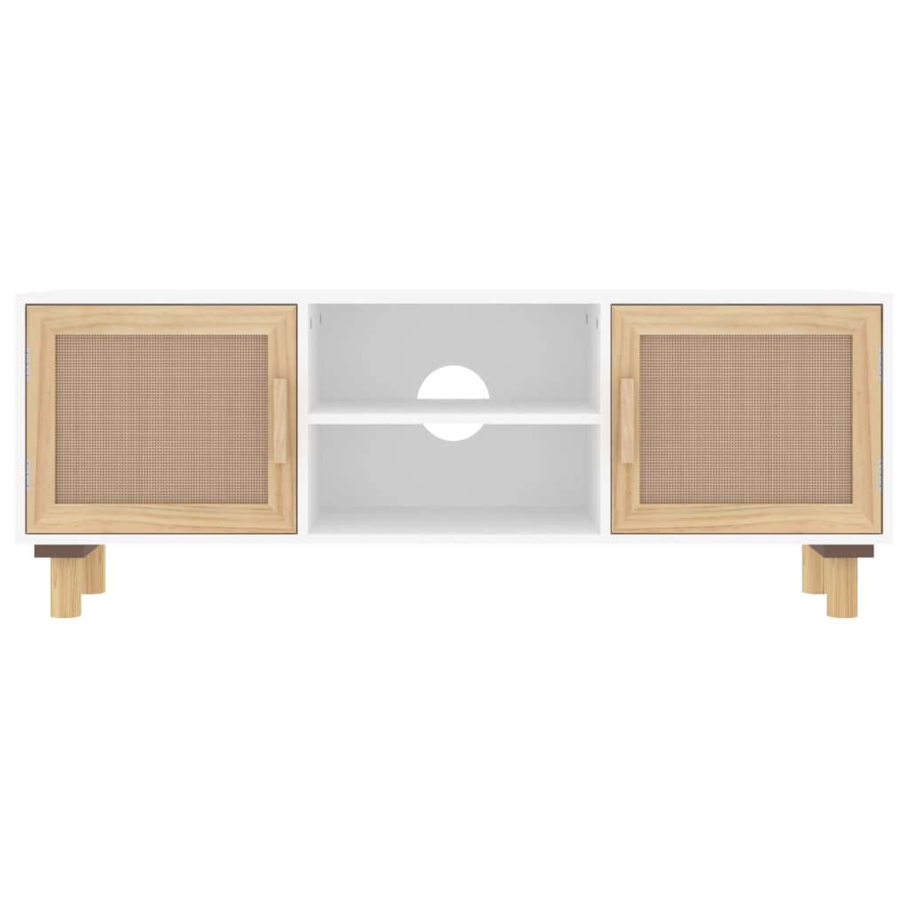 Mobile TV Bianco 105x30x40 cm Massello Pino e Rattan Naturale