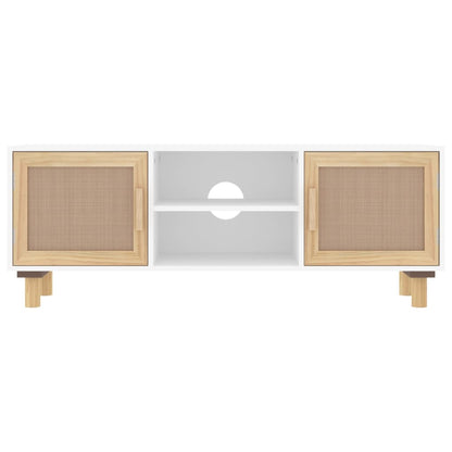 Mobile TV Bianco 105x30x40 cm Massello Pino e Rattan Naturale