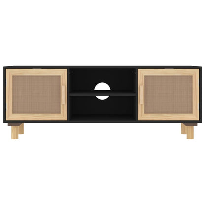 Mobile TV Nero 105x30x40 cm Massello Pino e Rattan Naturale