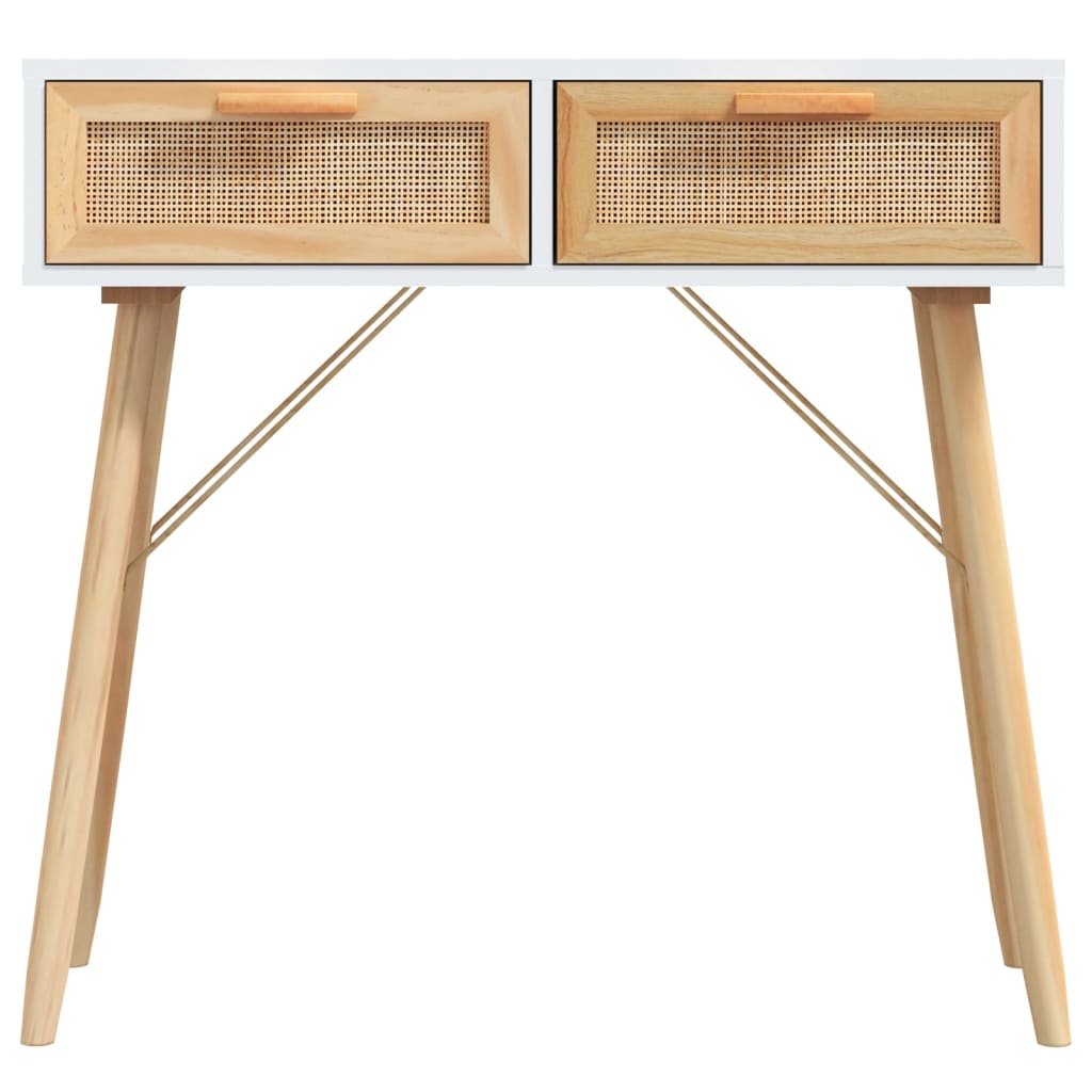Tavolo Consolle Bianco 80x30x75cm Massello Pino Rattan Naturale