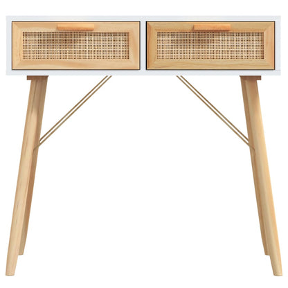 Tavolo Consolle Bianco 80x30x75cm Massello Pino Rattan Naturale