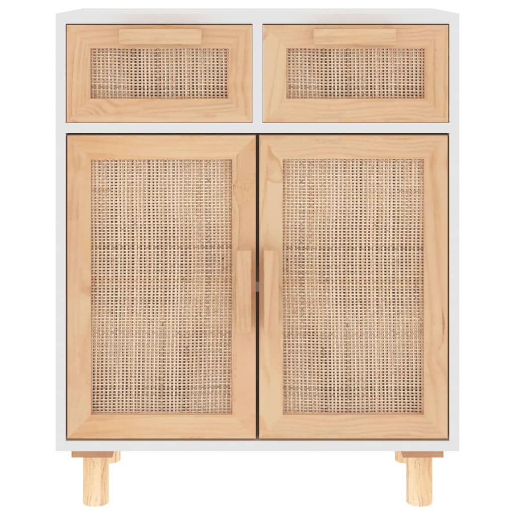 Credenza Bianca 60x30x75 cm Legno Massello Pino Rattan Naturale