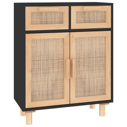 Credenza Nera 60x30x75 cm Legno Massello Pino e Rattan Naturale