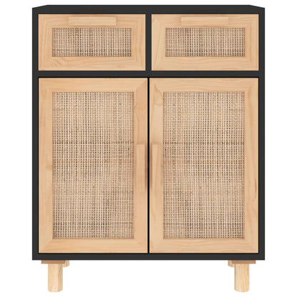 Credenza Nera 60x30x75 cm Legno Massello Pino e Rattan Naturale