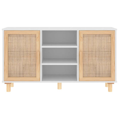 Credenza Bianca 105x30x60cm Legno Massello Pino Rattan Naturale