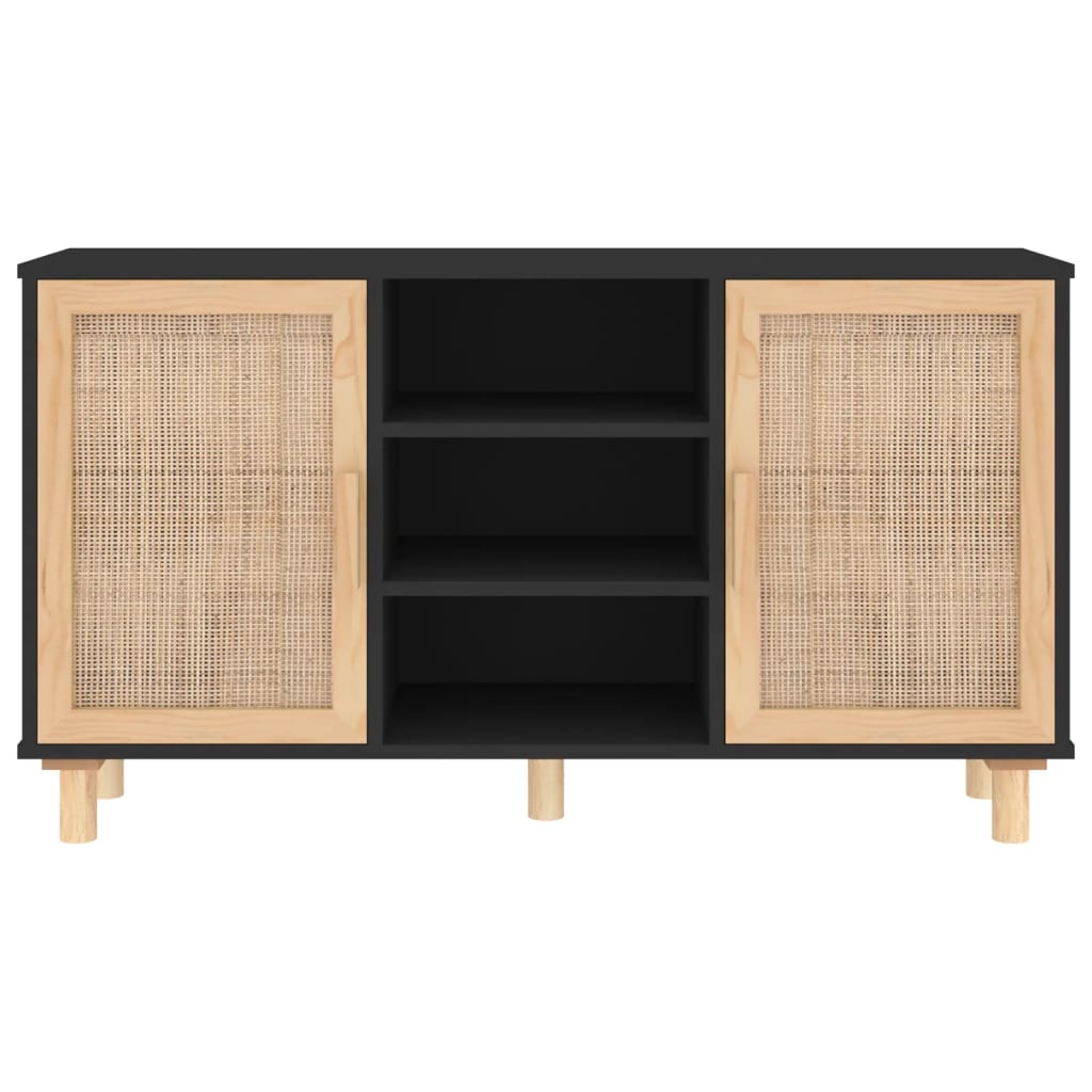 Credenza Nera 105x30x60cm Legno Massello Pino e Rattan Naturale