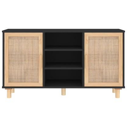 Credenza Nera 105x30x60cm Legno Massello Pino e Rattan Naturale