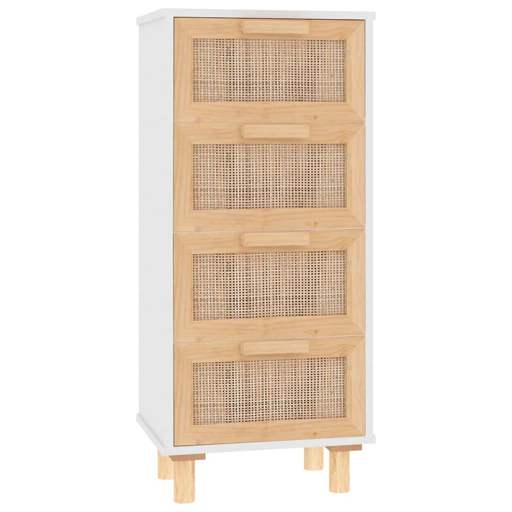Credenza Bianca 40x30x90cm Legno Massello Pino Rattan Naturale