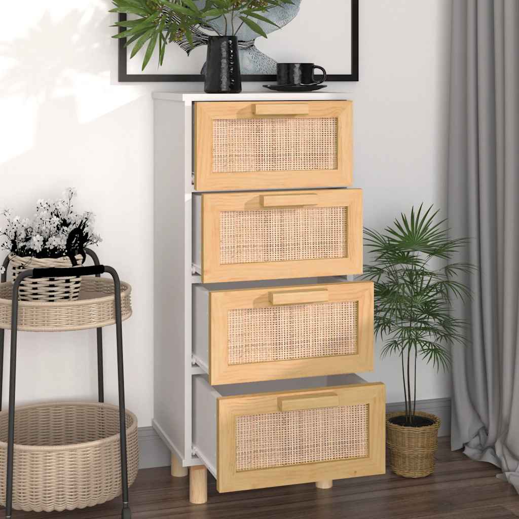 Credenza Bianca 40x30x90cm Legno Massello Pino Rattan Naturale
