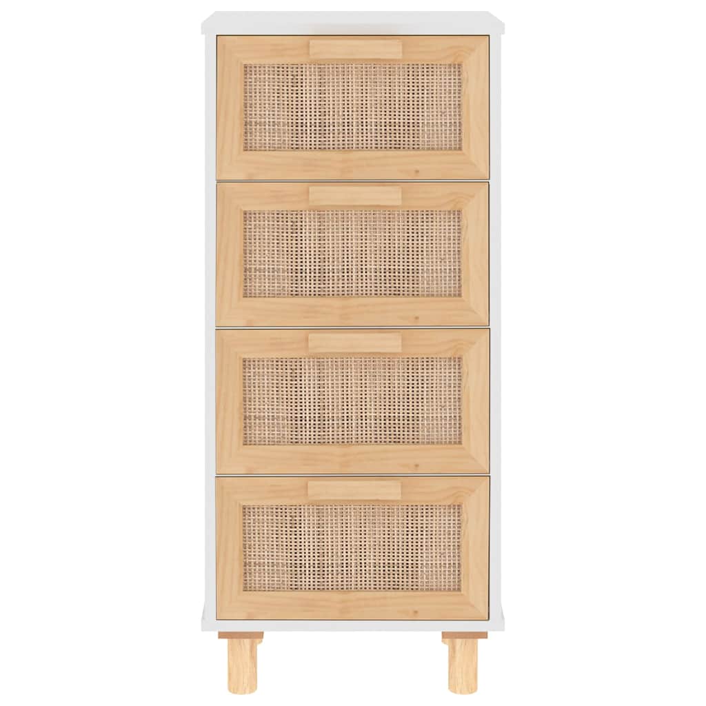 Credenza Bianca 40x30x90cm Legno Massello Pino Rattan Naturale