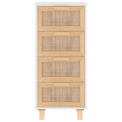 Credenza Bianca 40x30x90cm Legno Massello Pino Rattan Naturale