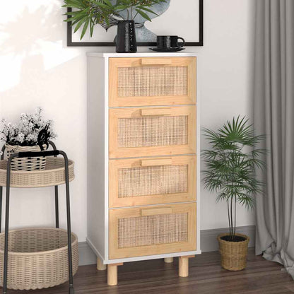 Credenza Bianca 40x30x90cm Legno Massello Pino Rattan Naturale