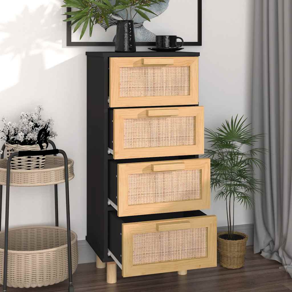 Credenza Nera 40x30x90 cm Legno Massello Pino e Rattan Naturale