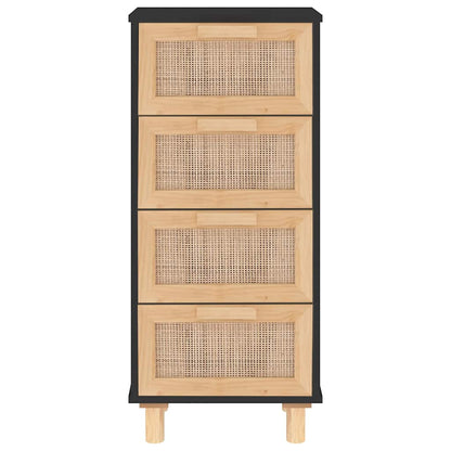 Credenza Nera 40x30x90 cm Legno Massello Pino e Rattan Naturale