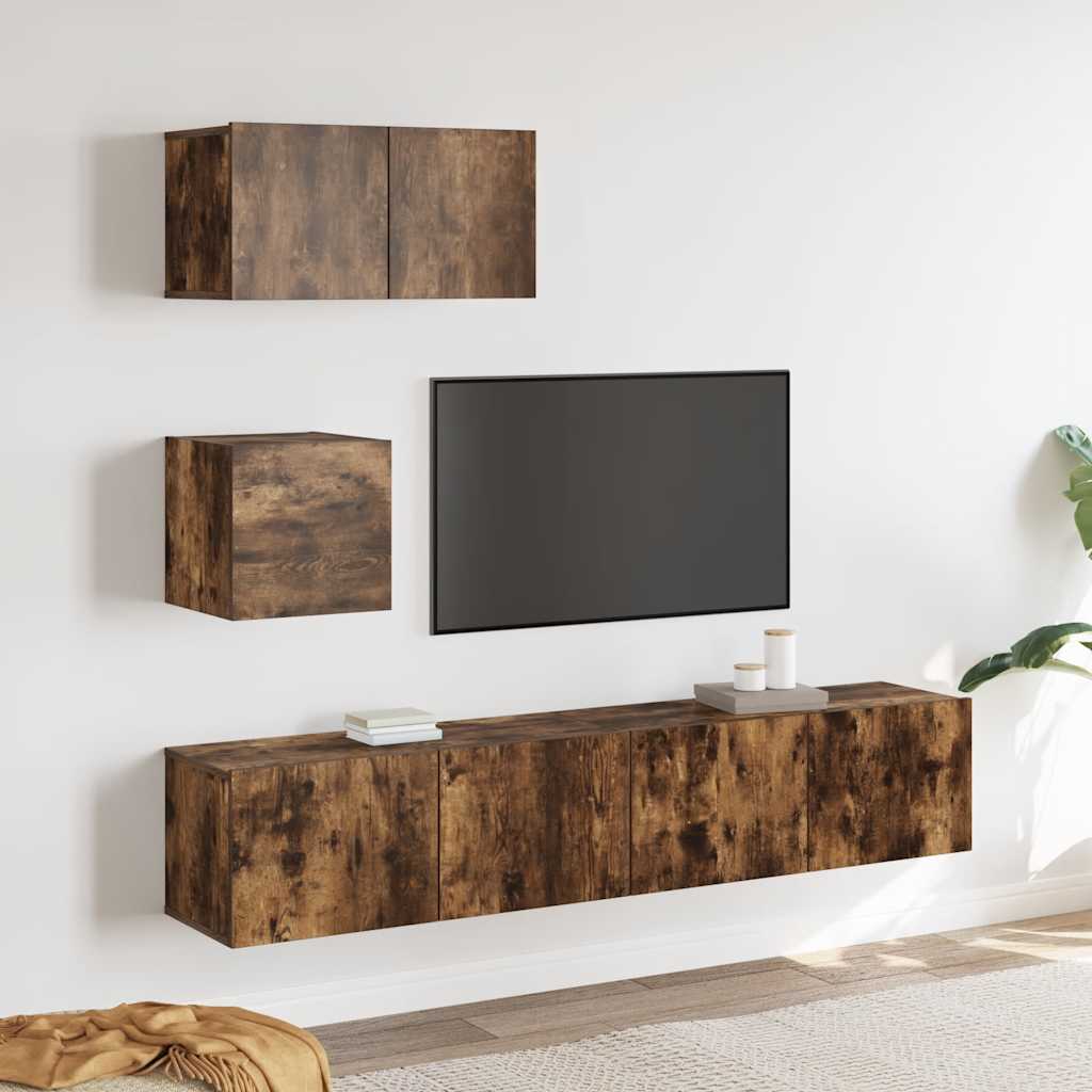 Set di Mobili Porta TV 4 pz Rovere Fumo in Legno Multistrato