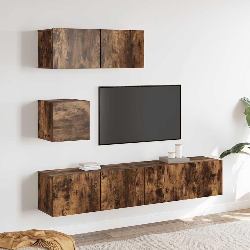 Set di Mobili Porta TV 4 pz Rovere Fumo in Legno Multistrato