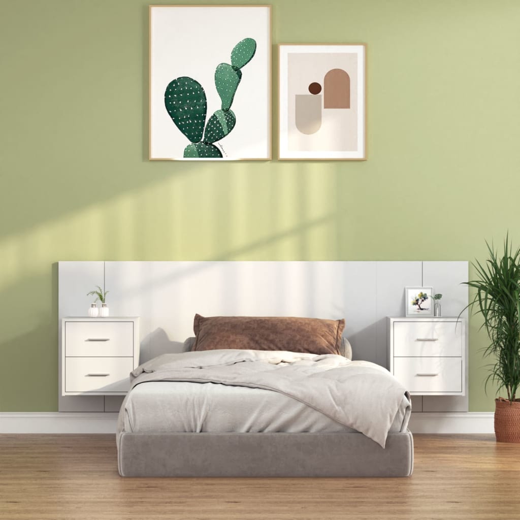 Testiera per Letto con Comodini in Legno Multistrato Bianco