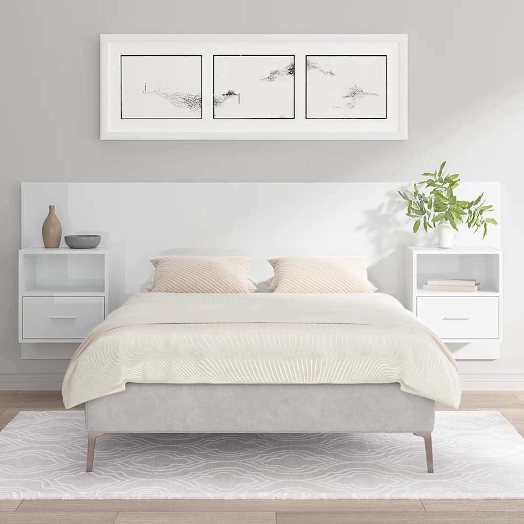 Testiera Letto con Comodini Bianco Lucido in Legno Multistrato