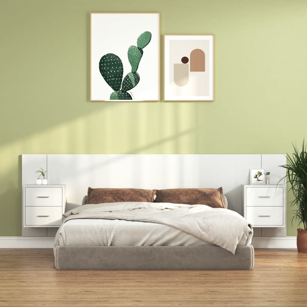 Testiera per Letto con Comodini in Legno Multistrato Bianco