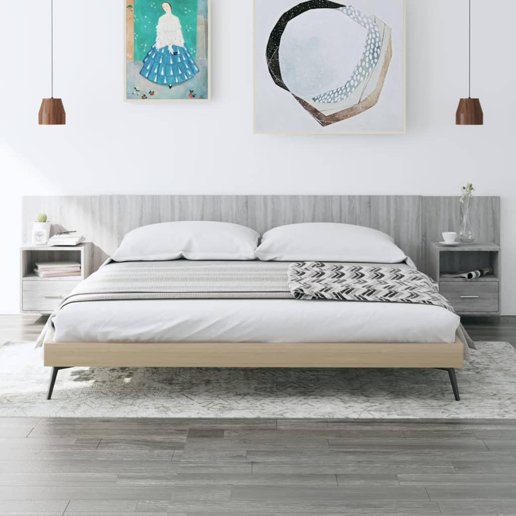Testiera Letto con Comodini in Legno Multistrato Grigio Sonoma