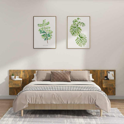 Testiera Letto con Comodini in Legno Multistrato Rovere Fumo