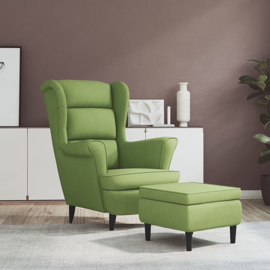 Poltrona Schienale ad Ala con Poggiapiedi Verde Chiaro Velluto