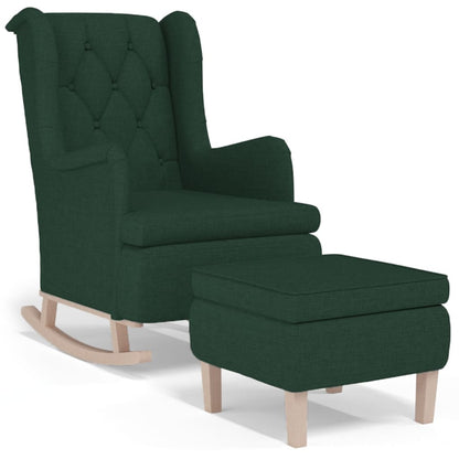 Poltrona con Gambe a Dondolo e Sgabello Verde Scuro in Tessuto