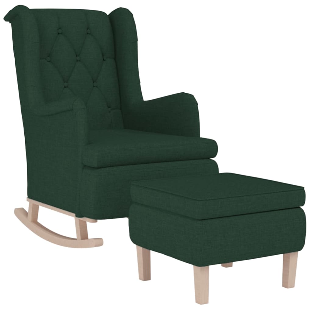 Poltrona con Gambe a Dondolo e Sgabello Verde Scuro in Tessuto