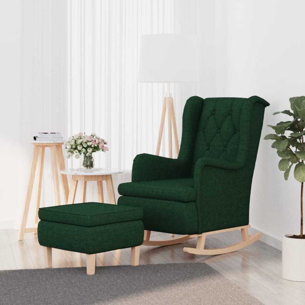 Poltrona con Gambe a Dondolo e Sgabello Verde Scuro in Tessuto