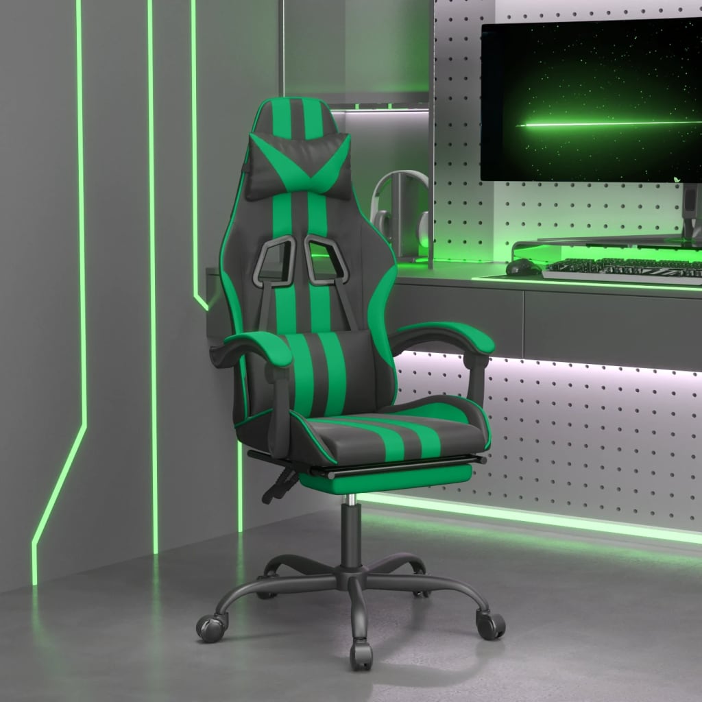 Sedia da Gaming Girevole con Poggiapiedi Nero Verde Similpelle