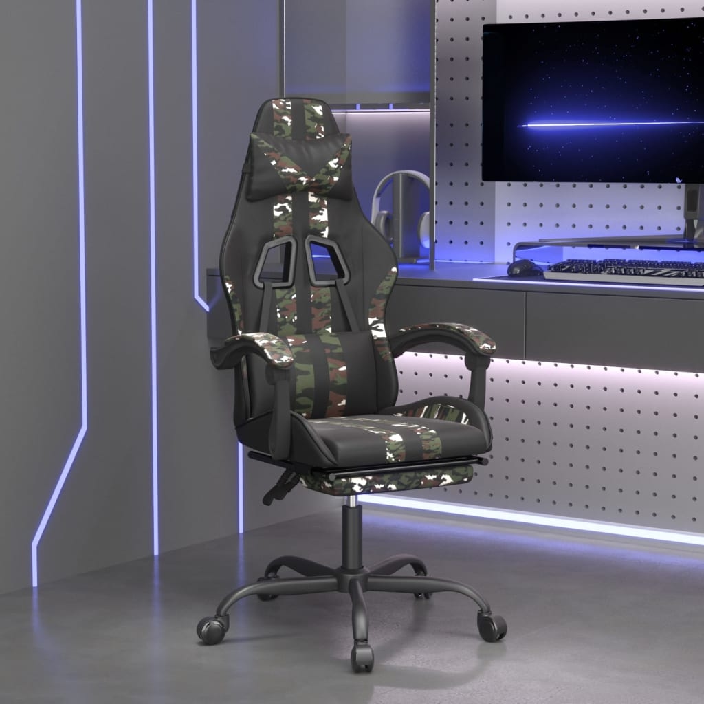 Sedia da Gaming Girevole Poggiapiedi Nero e Mimetico Similpelle