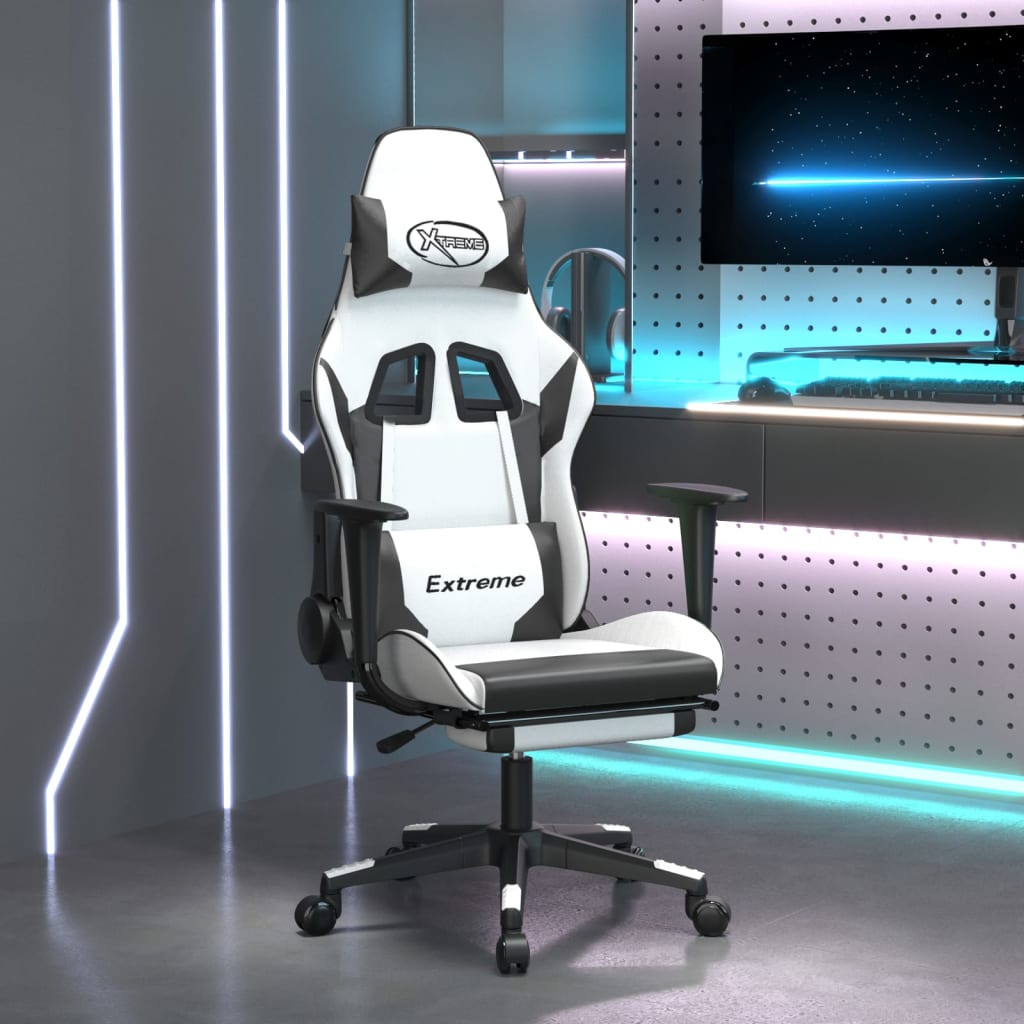 Sedia da Gaming con Poggiapiedi Bianco e Nero in Similpelle