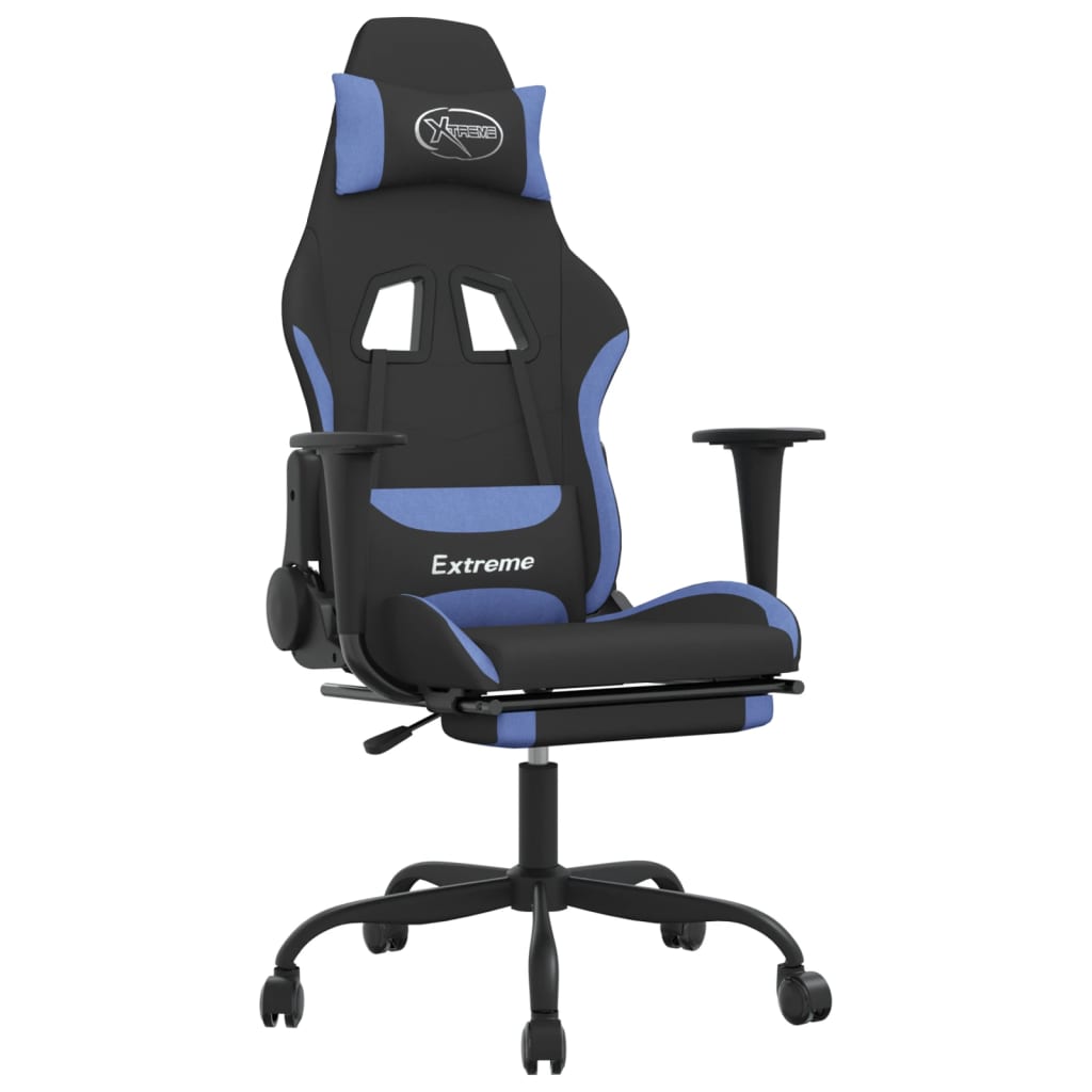 Sedia da Gaming con Poggiapiedi Nero e Blu in Tessuto