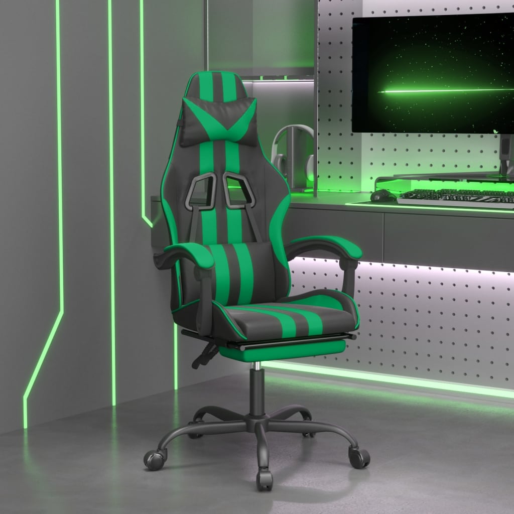 Sedia da Gaming con Poggiapiedi Nero e Verde in Similpelle