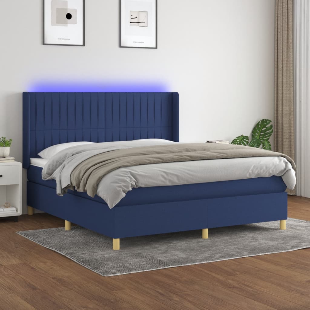 Letto a Molle con Materasso e LED Blu 180x200 cm in Tessuto